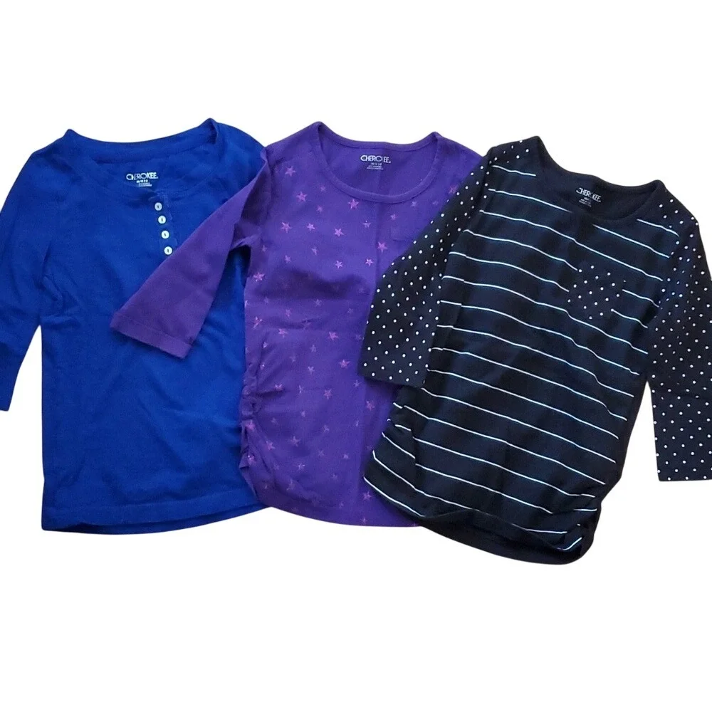 3 Pack Girls Cherokee 3/4 Sleeve Shirts Size 7-8 Royal Blue, Purple Stars, Black